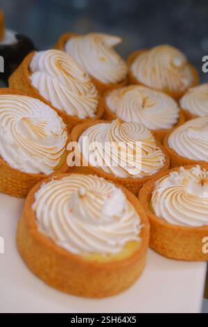 Tarte blanche crémeuse avec dessus doré grillé en pâte à croûte courte sur plaque blanche dans l'affichage de boulangerie élégant dessert délicieux gâteau sucré pour la nourriture Banque D'Images