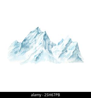 Montagnes dans la neige aquarelle peinte à la main. Sommets enneigés de montagnes à l'horizon. Fond bleu monochrome. Silhouettes de pics illustration isolée Banque D'Images