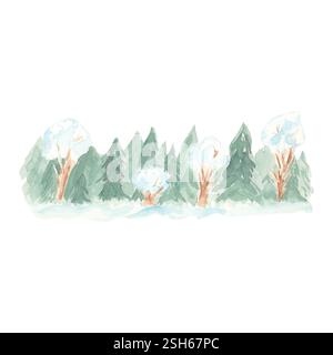 Forêt de conifères et d'arbres à feuilles caduques illustration aquarelle dessinée à la main. Nature dans la forêt, arbres enneigés. Illustration isolée pour CREAT Banque D'Images