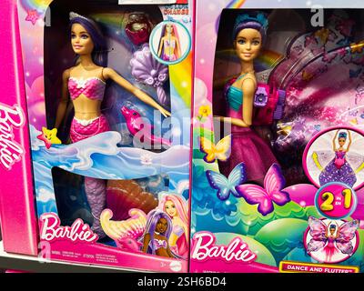 Kiev, Ukraine - 9 février 2025 : poupées Barbie en boîte colorées représentant des personnages de sirène et de papillons sur l'affichage Banque D'Images