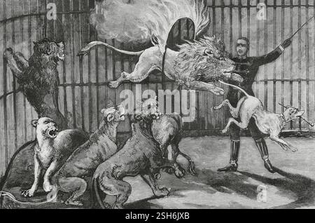 Circo Price. Fondée en 1853 par Thomas Price (1813-1877) et installée à Madrid (Espagne). Le dompteur Mr. Seeth effectuant ses exercices audacieux, avec sa cage de lions et un chien. Il joue son premier numéro le 1er juin 1884. Gravure par Capuz. L'illustration espagnole et américaine (la Ilustración Española y Americana), 1884. Banque D'Images