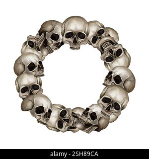 Cadre avec crânes. Illustration de cercle d'aquarelle isolée de l'arrière-plan. Modèle dessiné à la main dans le style gothique, Halloween. Parfait pour les dépliants Banque D'Images