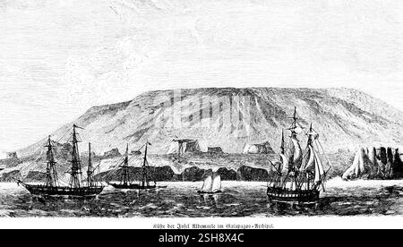 Voiliers au large de l'île Isla Islabela ou Albemarle de l'archipel des Galapagos, paysage, Pacifique, voyage, Équateur, illustration historique Banque D'Images