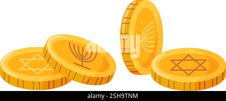 Pièces Hanukkah avec symboles juifs Magen David et Menorah. Dessiné à la main style plat tendance isolé Happy Hanukkah icône. Eléments vectoriels Illustration de Vecteur