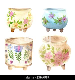 Un ensemble de pots de fleurs mignons. Illustration aquarelle sur fond blanc. Petits pots peints pour des motifs de printemps et de Pâques dans des couleurs pastel délicates. Banque D'Images