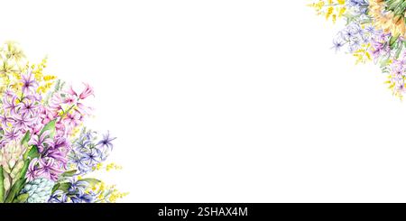 Illustration à l'aquarelle botanique d'une composition de jacinthes et de crocus. Illustration d'aquarelle dessinée à la main sur fond blanc. Le dessin dans des couleurs pastel délicates convient aux dessins de cartes et de papeterie de printemps et de Pâques. Banque D'Images