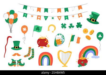 Patricks Day ensemble de vecteurs, clipart coloré, éléments. Jolies illustrations plates et griffonneuses Leprechaun Stuff, pot d'or, trèfles et trèfles, arc-en-ciel Illustration de Vecteur
