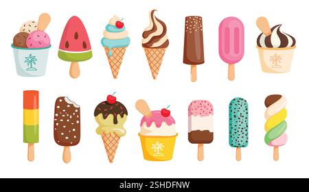 Ensemble clipart de dessin de popsicle de crème glacée. Icône popsicle et crème glacée dessin animé clip art éléments graphiques tropicaux à la fraise, pastèque et chocolat Illustration de Vecteur