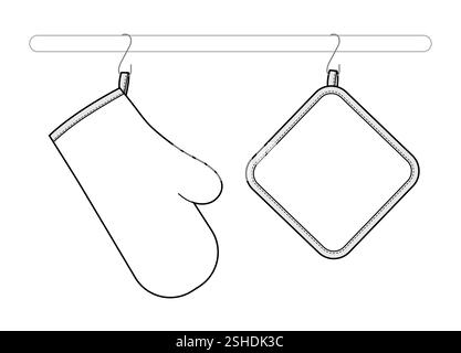 Gants de four mitaine et porte-potholder accroché sur le rack cuisine plat main accessoire vêtements illustration technique vêtement. Vecteur pour hommes, femmes, modèle de modèle unisexe CAD maquette sur fond blanc Illustration de Vecteur