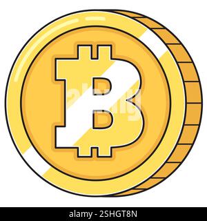 Une illustration vibrante et brillante de style bande dessinée d'une pièce d'or avec le symbole Bitcoin (₿). Illustration de Vecteur