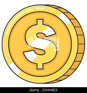 Illustration brillante et brillante de style dessin animé d'une pièce d'or représentant le symbole monétaire Dollar ($). Illustration de Vecteur