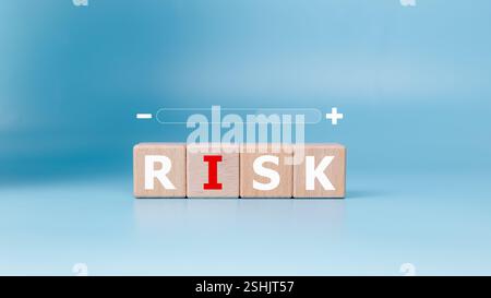 Gestion DES RISQUES et définition du texte aux blocs de bois sur fond bleu clair, contrôle et stratégie de l'entreprise, augmentation et diminution du risque commercial, Busine Banque D'Images