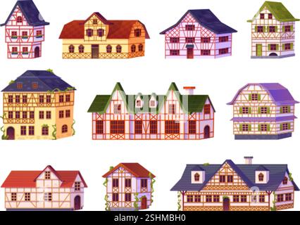 Maisons allemandes médiévales. Vieille maison à colombages façade de maison traditionnelle de l'allemagne avec verdure, cottage de village français normaux bâtiments EUROPA vintage, illustration vectorielle chic illustration d'œuvres d'art originales Illustration de Vecteur
