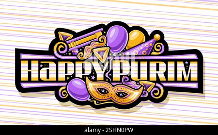 Logo vectoriel pour le Carnaval de Pourim, étiquette décorative sombre avec symboles de dessin animé purim - masque de mascarade et biscuits triangulaires, panneau horizontal avec Illustration de Vecteur