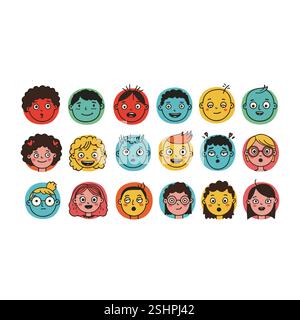 Visages Emoji colorés dessinés à la main avec des expressions et des coiffures uniques Illustration de Vecteur