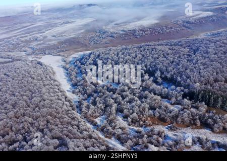 Vol au-dessus des collines hivernales glacées et de la forêt par drone Banque D'Images