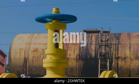 Modèle 3d d'un tuyau de gaz avec une vanne aux couleurs du drapeau ukrainien, un tuyau sur fond d'un réservoir ferroviaire avec des produits pétroliers en Ukraine Banque D'Images
