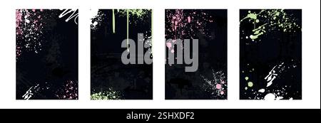 Bordures de graffiti abstraites, cadres rectangulaires avec des gouttes de peinture en aérosol, texture éclaboussure, éléments urbains et gouttes d'encre. Ensemble vectoriel de couvertures noires d'art de rue hip hop dessinées à la main avec des éclaboussures de grunge sales Illustration de Vecteur