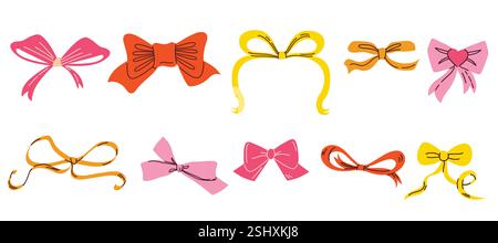 Set Collection de rubans dans l'illustration vectorielle de style rétro groovy de dessin animé. Doodle éléments pour Noël, Saint-Valentin, cadeaux d'anniversaire isolent Banque D'Images