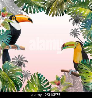 Feuillage tropical d'été avec oiseau Toucan. Aquarelle dessinée à la main, palmier verdure oiseau et monstera, texture verte tropicale, illustration de peinture sur Banque D'Images