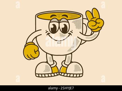 Illustration mascotte de personnage d'une tasse à café avec des mains formant un symbole de paix dans des couleurs rétro Illustration de Vecteur
