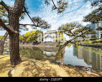 Palais impérial de Tokyo à Tokyo, Japon. Sakurada Tatsumi Yagura, douves du palais impérial et tour de garde dans la ville de Chiyoda, Tokyo. Banque D'Images
