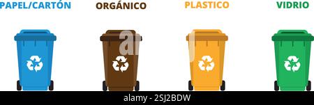 Poubelles colorées pour différents types de recyclage sur fond blanc (trad. Bio, papier, carton, verre, plastique) Illustration de Vecteur