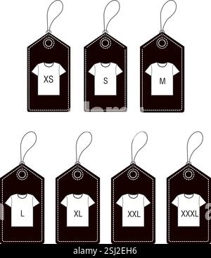 T-shirts noirs et blancs tailles étiquettes isolées sur fond blanc Illustration de Vecteur