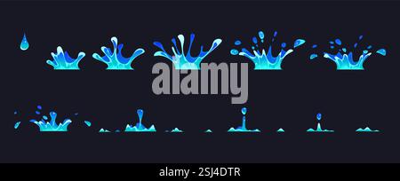 Feuille de sprite animée Corona Water Splash pour effet VFX, animation de dessin animé vectoriel. Goutte d'eau tombant avec corona splash en mouvement pour le sprit FX vidéo Illustration de Vecteur