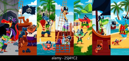 Dessin animé pirate animal drôle et collage de personnages de corsaire. Vecteur joyeux crocodile, éléphant, girafe et pirate dragon capitaines, hippopotame, singe et oc Illustration de Vecteur