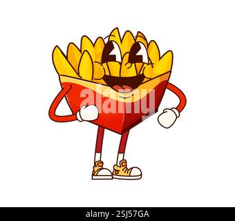 Fast food groovy frit pomme de terre caractère joyeux. Restaurant à emporter frites françaises des années 60 années 70 personnage de dessin animé, personnage vectoriel isolé funky mignon. FA Illustration de Vecteur