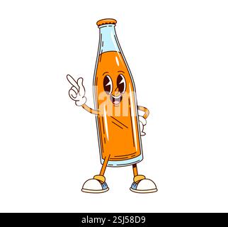 Caractère de bouteille de boisson gazeuse groovy. Agrumes boisson sucrée rétro groovy personnage joyeux. Orange Taste boisson de dessin animé vecteur isolé drôle char Illustration de Vecteur