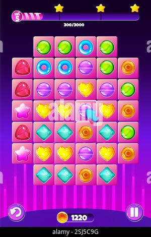 Match3 Candy Puzzle Game Screen, Candy Theme. Jeu UI, boutons et ensemble de bonbons colorés. Illustration de Vecteur