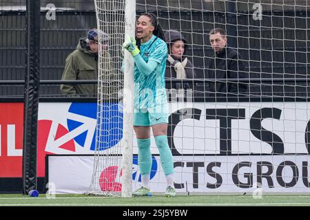 Alkmaar, pays-Bas. 11 février 2025. ALKMAAR, PAYS-BAS - 11 FÉVRIER : le gardien Kiyani Zeggen de l'AZ Alkmaar U19 criant lors de la manche de la Ligue des jeunes de l'UEFA de 32 entre l'AZ Alkmaar U19 et le SL Benfica U19 au Centre d'entraînement AZ Wijdewormer le 11 février 2025 à Alkmaar, pays-Bas. (Photo de Ed van de Pol/Orange Pictures) crédit : Orange pics BV/Alamy Live News Banque D'Images
