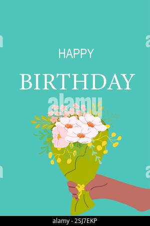 Bonne carte d'anniversaire avec bouquet dans la main diverse sur fond sarcelle. Illustration de Vecteur