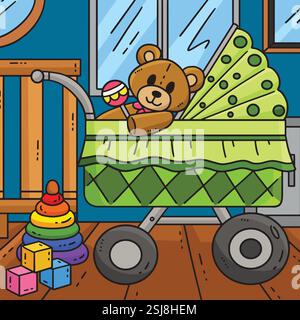 Baby Shower Baby Stroller Colored Cartoon Illustration de Vecteur