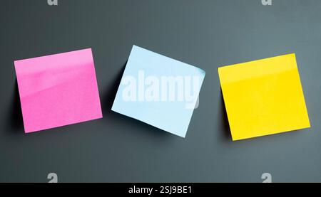 Trois notes adhésives éclatantes en rose, bleu et jaune sont affichées à plat Banque D'Images