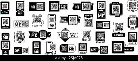 Scannez-moi les cadres d'autocollants. Modèles d'étiquettes, de bannières et de badges QR code pour le marketing et les supports promotionnels. Jeu de vecteurs isolés d'étiquettes de code balayables Illustration de Vecteur