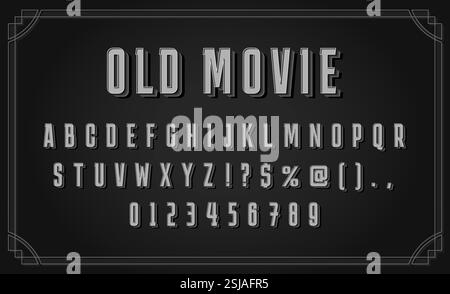 Police de caractères film muet classique. Police de vieux film, lettres de l'alphabet cinéma noir avec effet d'extrusion 3D. Typographie Intertitle pour cinéma vintage Illustration de Vecteur