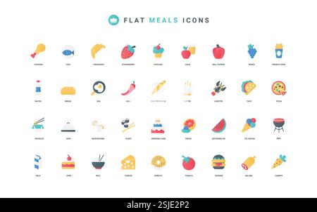 Nourriture et boissons, assiettes avec des plats couleur icône set. Repas à manger et café pour le petit déjeuner, le déjeuner et le dîner, bol de riz et boîte de nouilles, illustration vectorielle d'éléments plats de viande de poulet et barbecue Illustration de Vecteur