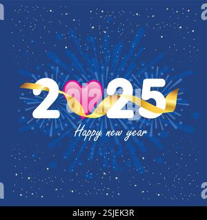 Bonne année 2025 salutation avec coeur et ruban d'or Illustration de Vecteur