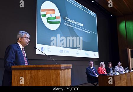 Bruxelles, Belgique. 11 février 2025. S.E. Saurabh Kumar, Ambassadeur de l'Inde en Belgique, photographié lors d'un point de presse sur la mission économique belge en Inde, à Bruxelles, mardi 11 février 2025. Le Belgian Economic to India aura lieu du 1er au 8 mars 2025. BELGA PHOTO ERIC LALMAND crédit : Belga News Agency/Alamy Live News Banque D'Images