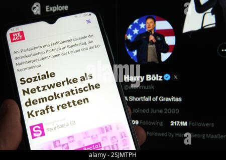 Auf einem smartphone wurde die Website campact.de mit Informationen zur Initiative Save social geöffnet, die sich zum Ziel gesetzt Hat, das Internet von der Dominanz der MonopolÂkonzerne zu befreien. IM Hintergrund wurde der X-Account von Tech-Unternehmer Elon Musk geöffnet, der dort seit Dienstag unter dem Namen Harry Bolz agiert. Schnelsen Hamburg *** le site web Campact de a été ouvert sur un smartphone avec des informations sur l'initiative Save social, qui vise à libérer l'Internet de la domination des sociétés monopolistiques en arrière-plan, le compte X de l'entrepreneur technologique Elon Musk était op Banque D'Images