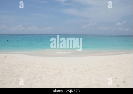 Plage. Sable blanc, eau turquoise, ciel bleu clair. Paradis tropical idyllique. Évadez-vous de la vie quotidienne. Bahamas. Plage. Sable blanc, eau turquoise, Banque D'Images