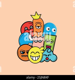 Doodle Set avec de nombreux personnages mignons Illustration de Vecteur