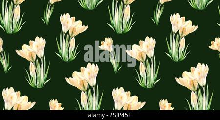 Modèle sans couture d'illustration aquarelle de crocs sur fond vert. Fleurs d'primevère printanière dessinées à la main pour des motifs floraux dans des couleurs pastel délicates Banque D'Images