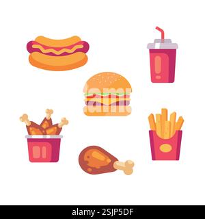Jeu d'icônes colorées de menu de restauration rapide de vecteur Illustration de Vecteur