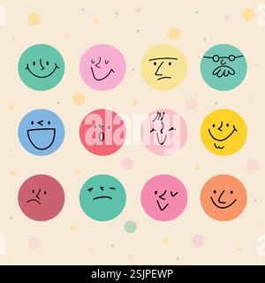 Visages comiques abstraits ronds avec diverses émotions Illustration de Vecteur