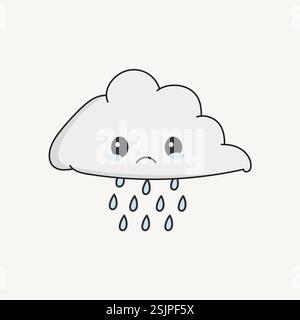 Vecteur nuage mignon avec le visage triste et les gouttes de pluie tombantes Illustration de Vecteur