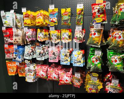 Kiev, Ukraine - 11 février 2025 : grande variété de snacks et de bonbons présentés avec des sacs et des étiquettes Banque D'Images